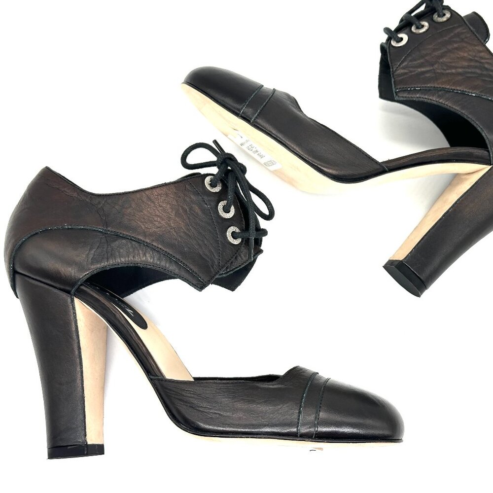 CHANEL 12C Cinema Lace Up Leather D'Orsay Pumps Sandals Shoes Heels Black - Picture 11 of 16
